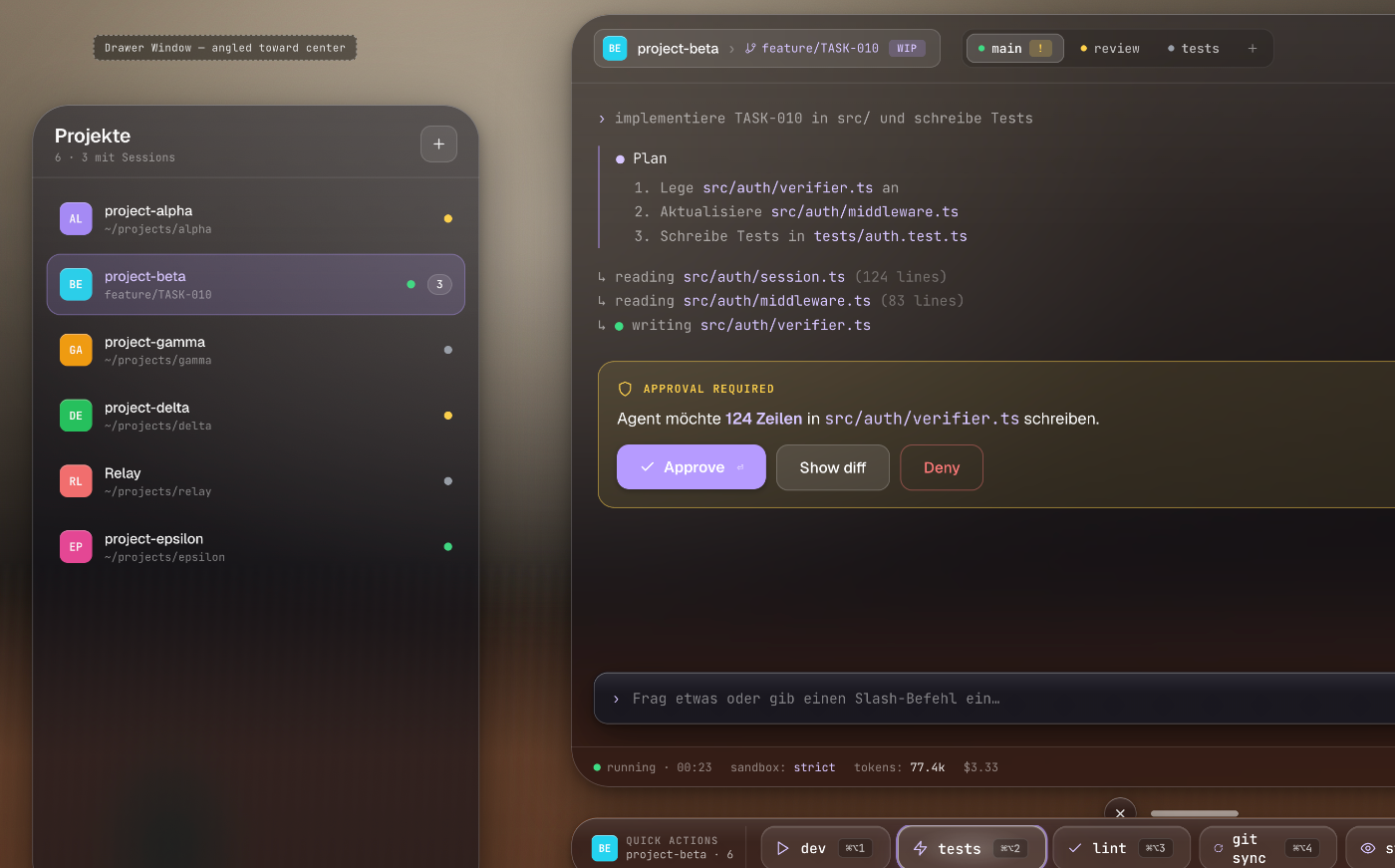 Ghola Vision — Multi-Window-Layout mit Terminal, Drawer und Approval nebeneinander im Raum